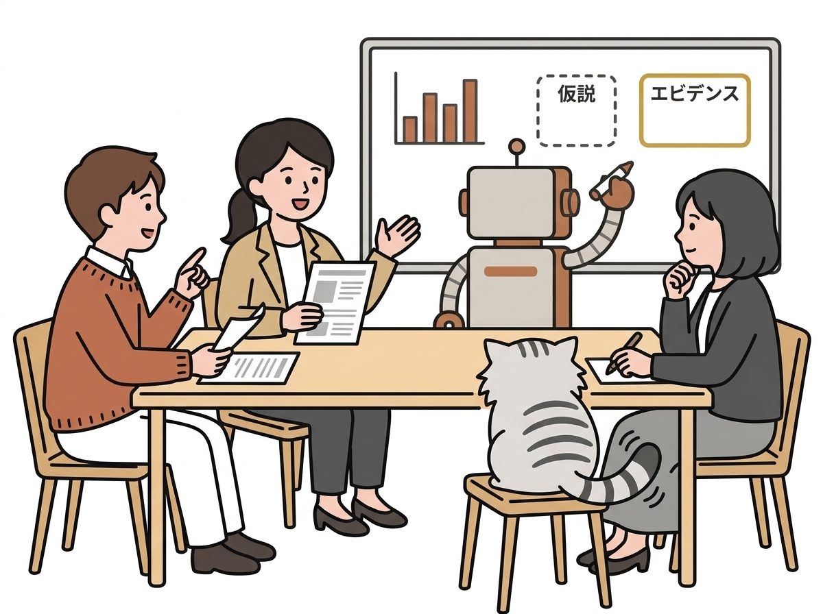 ディスカッション風景のイラスト。マーケターたちが記事を手に議論し、ロボがホワイトボードに論点を整理、マヌルネコは椅子に背を向けて座り尻尾を振っている