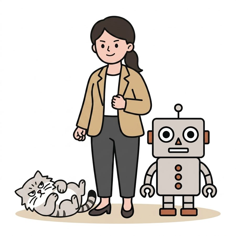 主人公のマーケターとロボが並んで立ち、足元でマヌルネコが自由気ままに寝転がるイラスト