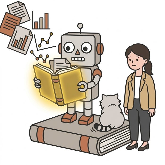 ロボが本の上に立ち、流れ込むデータを金色の分厚い本に綴じ込むイラスト