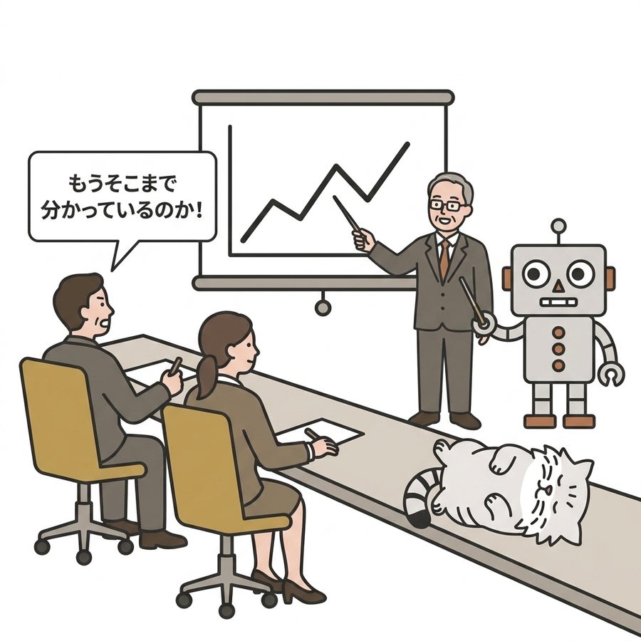 役員会議室。講師がグラフを指して講義し、役員が「もうそこまで分かっているのか！」と驚く。ロボが指し棒で補助し、マヌルネコは役員側の机でゴロンと寝転がっている