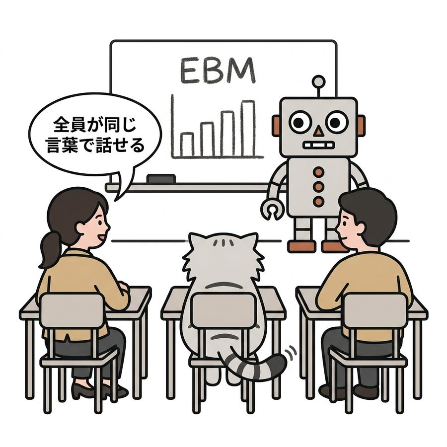 教室。主人公と同僚が受講し、前方でロボが講師を補助。マヌルネコは生徒席の真ん中に背を向けて座り、尻尾を振りながら一緒に授業を聞いている。「全員が同じ言葉で話せる」