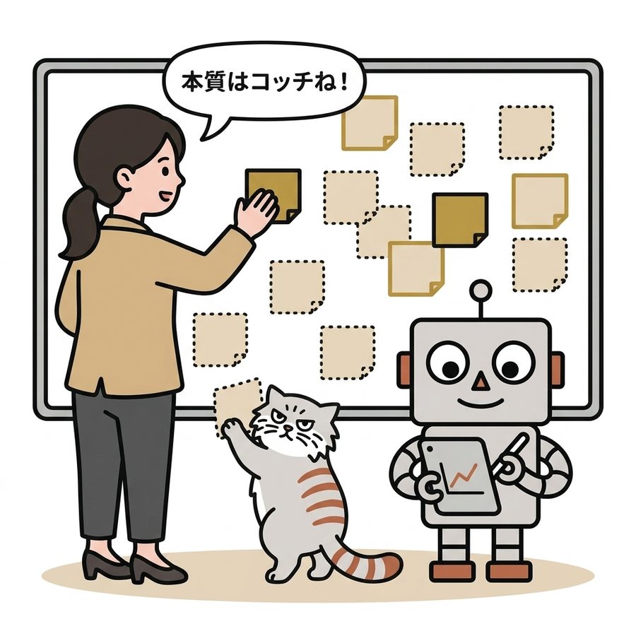 付箋ボードの前で主人公が「本質はコッチね！」。ロボが論点をタブレットに記録し、マヌルネコは2本足で立って付箋を剥がそうとしている。点線の付箋は仮説、金色の付箋は確定した課題