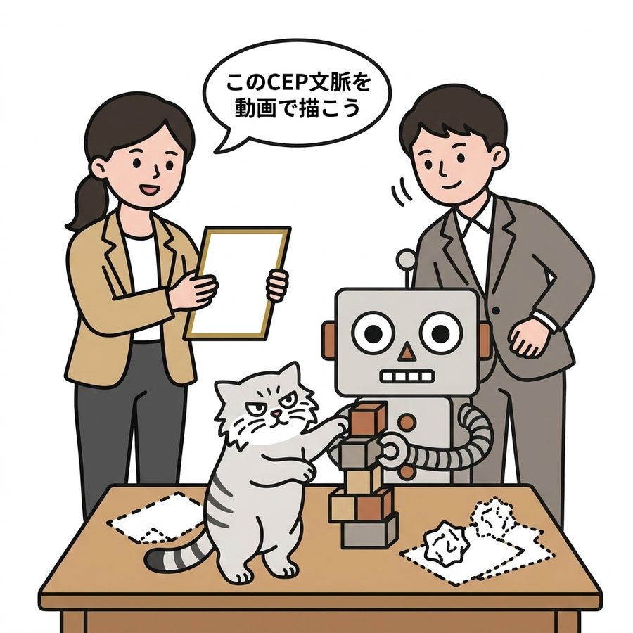 企画会議。「このCEP文脈を動画で描こう」。ボツ案は点線。横ではロボが積んだ積み木をマヌルネコが崩そうとしている